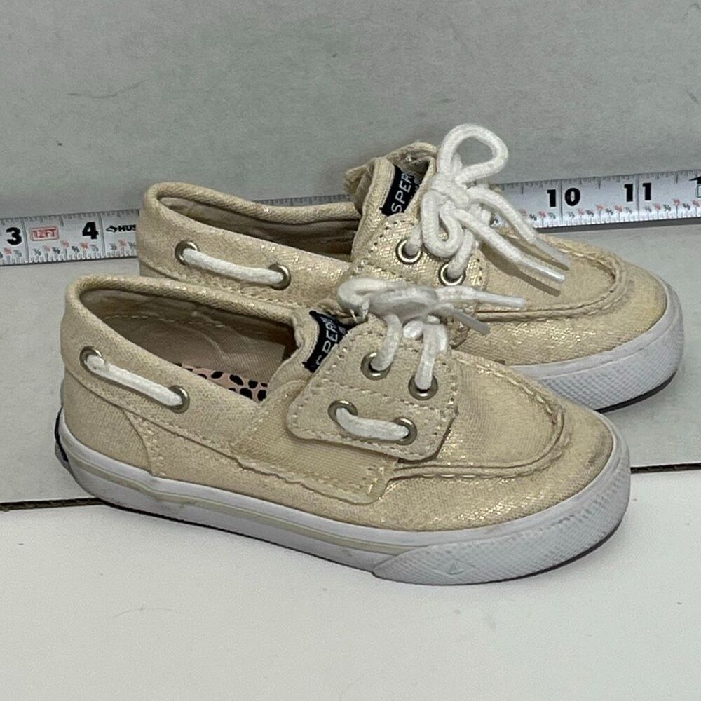 Sperry Kids' Cream Bahama Jr. Shimmering Top-Sider Lace Upโ Boat Shoes 7.5M